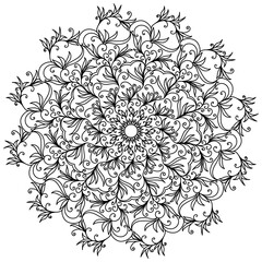 Contour doodle mandala with swirls and flower petals, zen coloring page for creativity