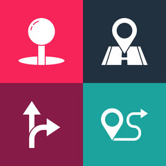 Set pop art Route location, Road traffic sign, Location and Push pin icon. Vector.