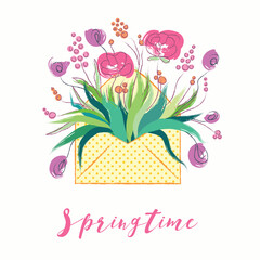 Springtime bouquet of flowers in envelope illustration on light background