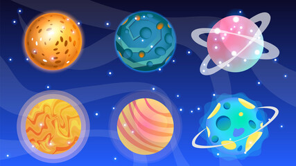 Space bodies color pack on purple background. Astronomy. Vector set of cartoon planets. Space background. Fantasy planets.