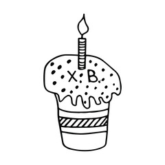 Vector illustration of an Easter cake with a candle. Isolated on a white background. Contour. Doodle. Design for easter, postcards, stickers