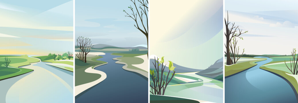 Collection of river landscapes. Beautiful spring sceneries in vertical orientation.