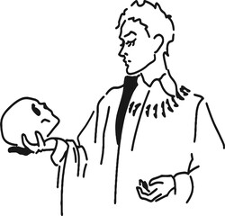 Shakespeare hamlet holding skull in hand vector. Man in vintage suit hamlet's monologue