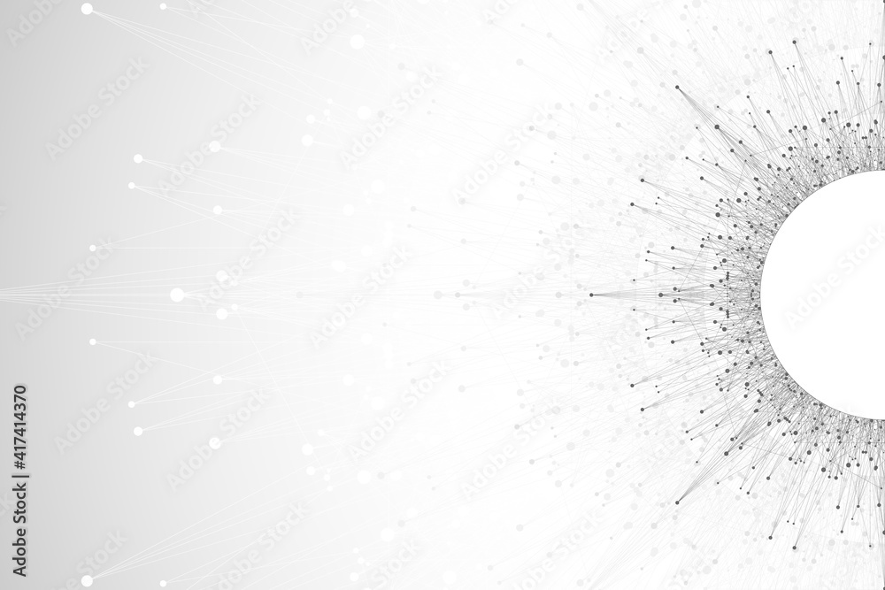 Poster Quantum computer technology concept. Deep learning artificial intelligence. Big data algorithms visualization for business, science, technology. Waves flow, illustration.