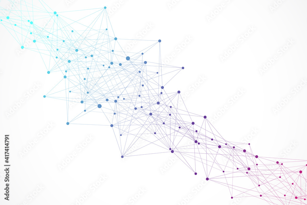 Poster Futuristic Artificial Intelligence and Machine Learning Concept. Human Big Data Visualization. Wave Flow Communication, Scientific illustration.