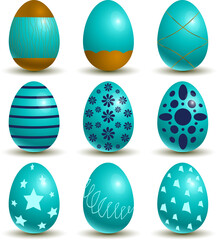 Set of blue Easter eggs with different textures on a white background 3D. Floral and geometric patterns. Spring holiday. Vector illustration. Happy Easter eggs.