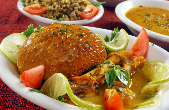 Buchada goat, typical food from the Northeast of Brazil is made with goat viscera, usually accompanied by rice, beans and mush.