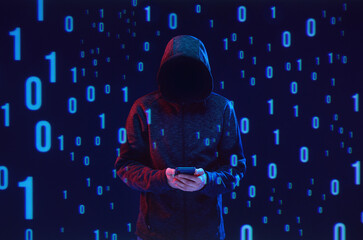 Dangerous hacker. Internet, cyber crime, cyber attack, system, game, breaking and malware concept. Dark background. Futuristic holographic interface to display data.