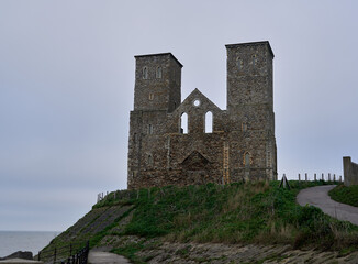 Vertical shot of Reculver towers on a hill in England