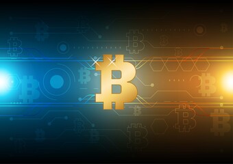 Golden bitcoin digital cryptocurrency, futuristic digital money, technology worldwide network communication concept. Vector illustration.