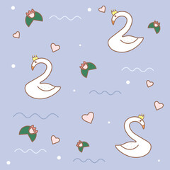 Cute pattern with swans, water and water lilies.
