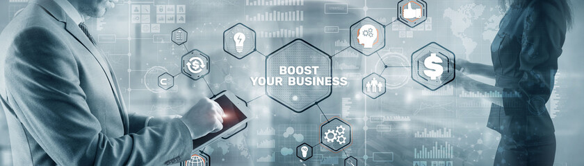 Boost Your Business 2021. Businessman touching finger virtual screen