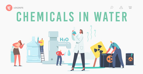 Chemicals in Water Landing Page Template. Tiny Scientist Female Character i Hold Beaker Research Water Sample in Lab