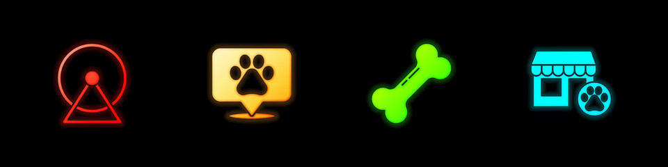 Set Hamster wheel, Location veterinary, Dog bone and Veterinary hospital icon. Vector.