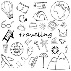 Vector doodle travel set with hand drawn isolated elements