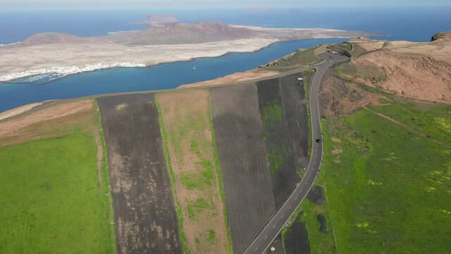 Drone view at the coast of Mirador del Rio on Canary island in Lanzarote, Spain

