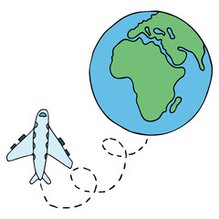 Vector colored hand drawn Earth and airplane on white background