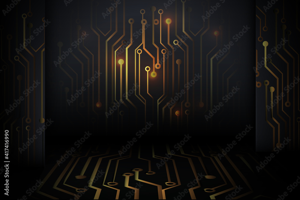 Aufkleber abstract gold circuit board technology digital hi tech on black wall background. 3d vector illustrat