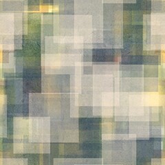 Seamless overlaid geometric shape pattern print. High quality illustration. Transparent rectangles filled with gradient colors scattered. Handmade paper texture overlay.