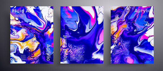 Abstract liquid banner, fluid art vector texture pack.Beautiful background that can be used for design cover, invitation, flyer and etc. Navy blue, yellow, pink and white creative iridescent artwork