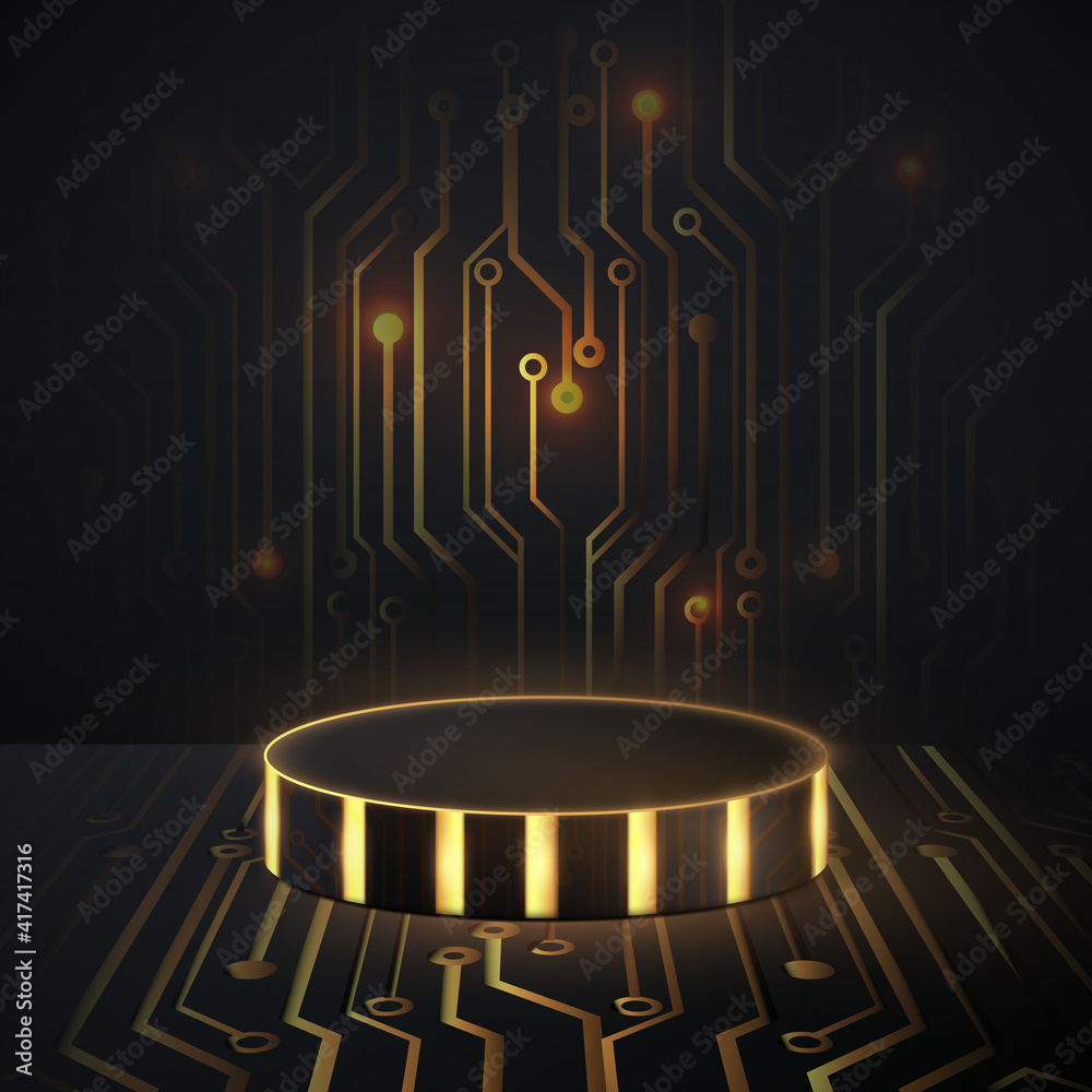 Aufkleber black and gold trim geometric podium with circuit board technology digital hi tech background. 3d ve