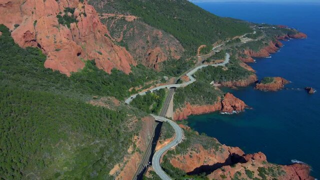 Aerial shots of the red mountains of the Massif de L'essterel in France..