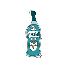 Martini on white background. Cartoon sketch graphic design. Doodle style with black contour line. Hand drawn bottle. Party drinks concept. Freehand drawing style
