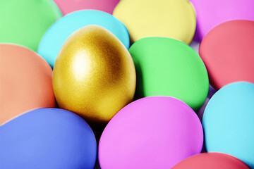 Gold egg on hiding in between colorful easter eggs