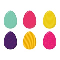 Set of 6 color Easter Eggs with pattern. Design elements for holiday cards. Cartoon flat style. Vector illustration.