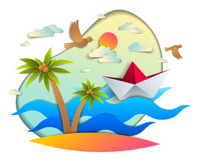 Fototapeta na wymiar Origami paper ship toy swimming in ocean waves with beach and palms, beautiful vector illustration of scenic seascape with toy boat floating in sea and birds in sky. Water travel, summer holidays.