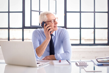 Shot of senior businessman using laptop and making a phone call while working at the office