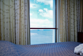 Luxurious ocean view or oceanview or outside or exterior cabin on luxury cruiseship yacht or cruise...