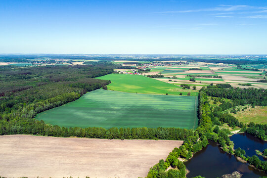 Farmlands in the countryside surrounded by forest. A photo from a drone on a sunny and summer day. © Drone X Vision
