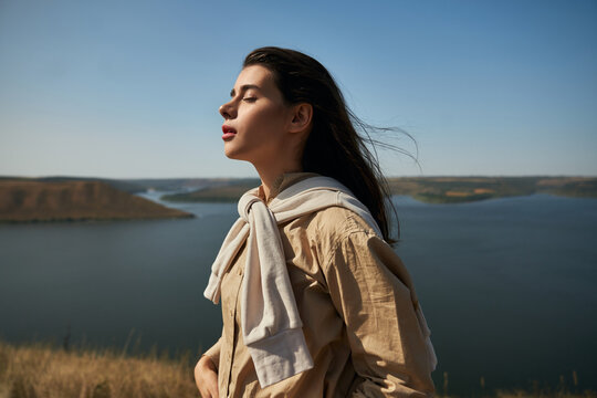 Woman enjoying nature at national park Podillya Tovtry
