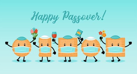 Passover holiday banner design with matzah funny cartoon characters with face medical mask