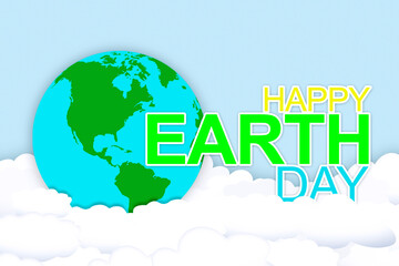 Happy Earth Day text with globe on the clouds