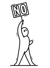 Funny cartoon man showing protest banner in raised hand vector flat style illustration isolated on white, social rage and political revolution concept.