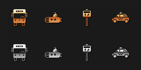 Set Bus, Submarine, Road traffic signpost and Taxi car icon. Vector.