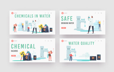 Chemicals in Water Landing Page Template Set. Tiny Scientist Female Character Hold Beaker Research Water Sample in Lab