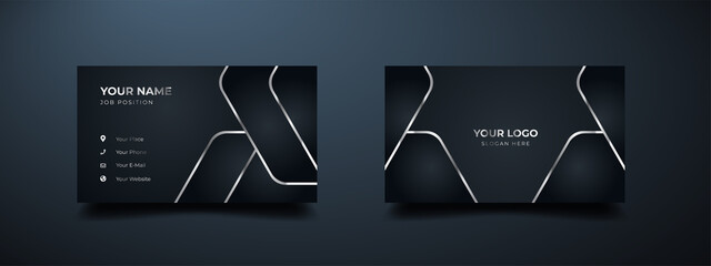 Luxury business card design with abstract metallic lines. New geometric shape with elegant design. Elegant dark gradient background. Vector illustration print template.