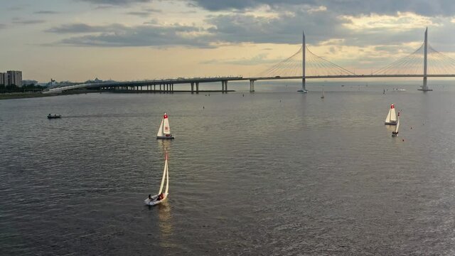 Aerial view of cable-stayed bridge in St.Petersburg during sunset, 4k