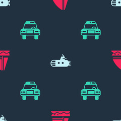 Set Yacht sailboat, Submarine and Police car and flasher on seamless pattern. Vector.