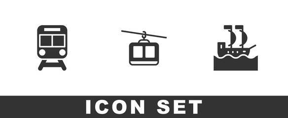 Set Train and railway, Cable car and Sailboat icon. Vector.