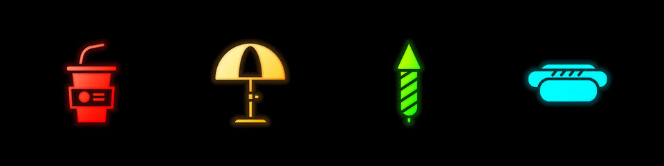 Set Paper glass with water, Sun protective umbrella, Firework rocket and Hotdog icon. Vector.