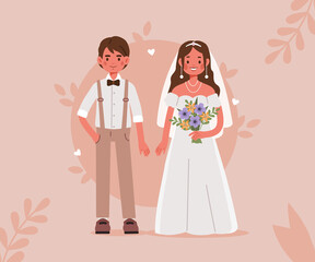 Bride and Groom Characters Portrait. Wedding Couple in Love Standing Together and Smiling. Marriage Concept. Flat Cartoon Vector Illustration.