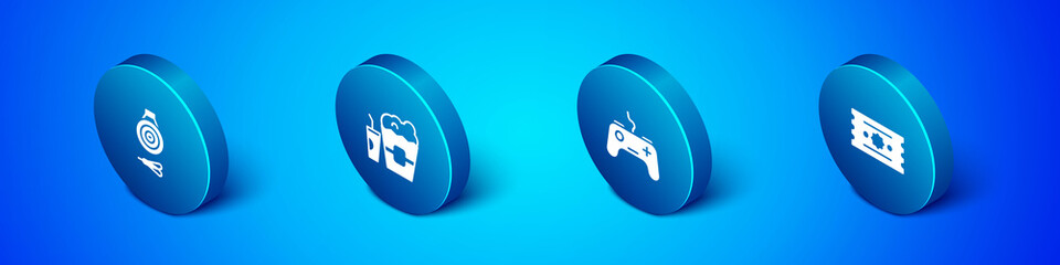 Set Isometric Classic dart board and arrow, Gamepad, Ticket and Popcorn in box glass icon. Vector.