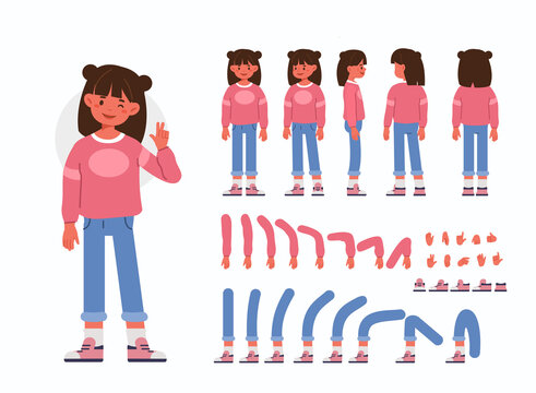Little Girl  Character Constructor for Animation.  Front, Side and Back View. Cute Kid wearing Trendy Clothes in Different Postures. Body Parts Collection. Flat Cartoon Vector Illustration.