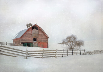 Original winter photograph of an old red barn with a long rickety wood fence in the snow © Janice