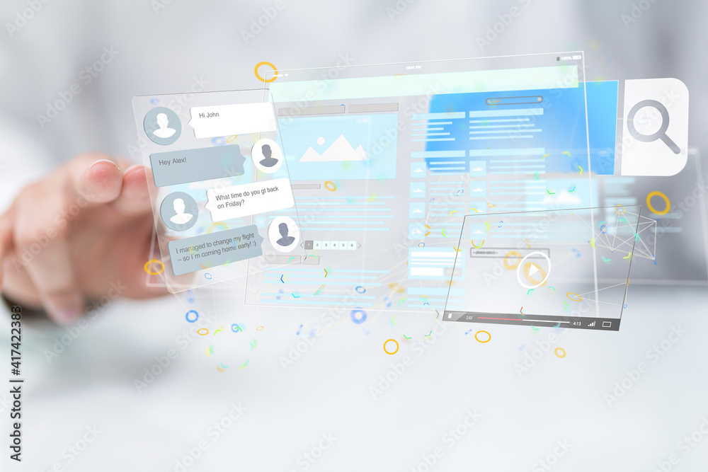 Poster virtual develop interface web application in hand