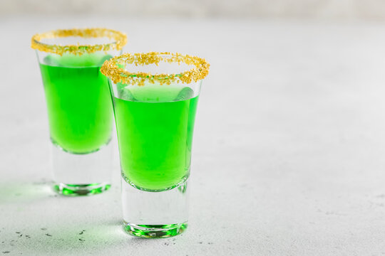 St. Patrick's Day party drinks, shots. Space for text